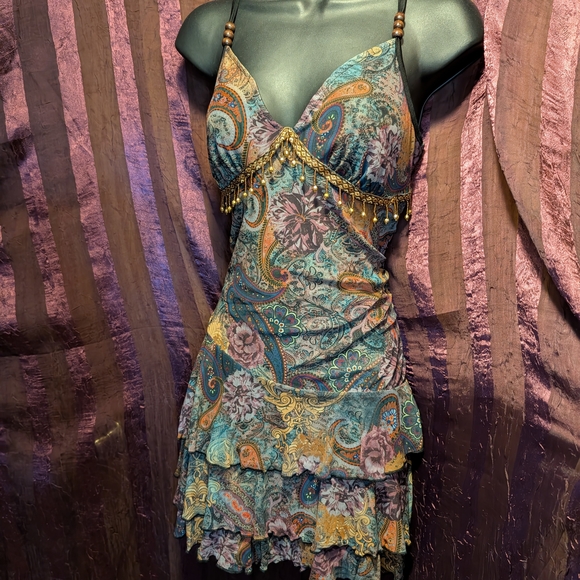Bohemian Hippy Paisley FESTIVAL Beaded Floral Mini Dress Fall Fairy Burning Man - Picture 1 of 5